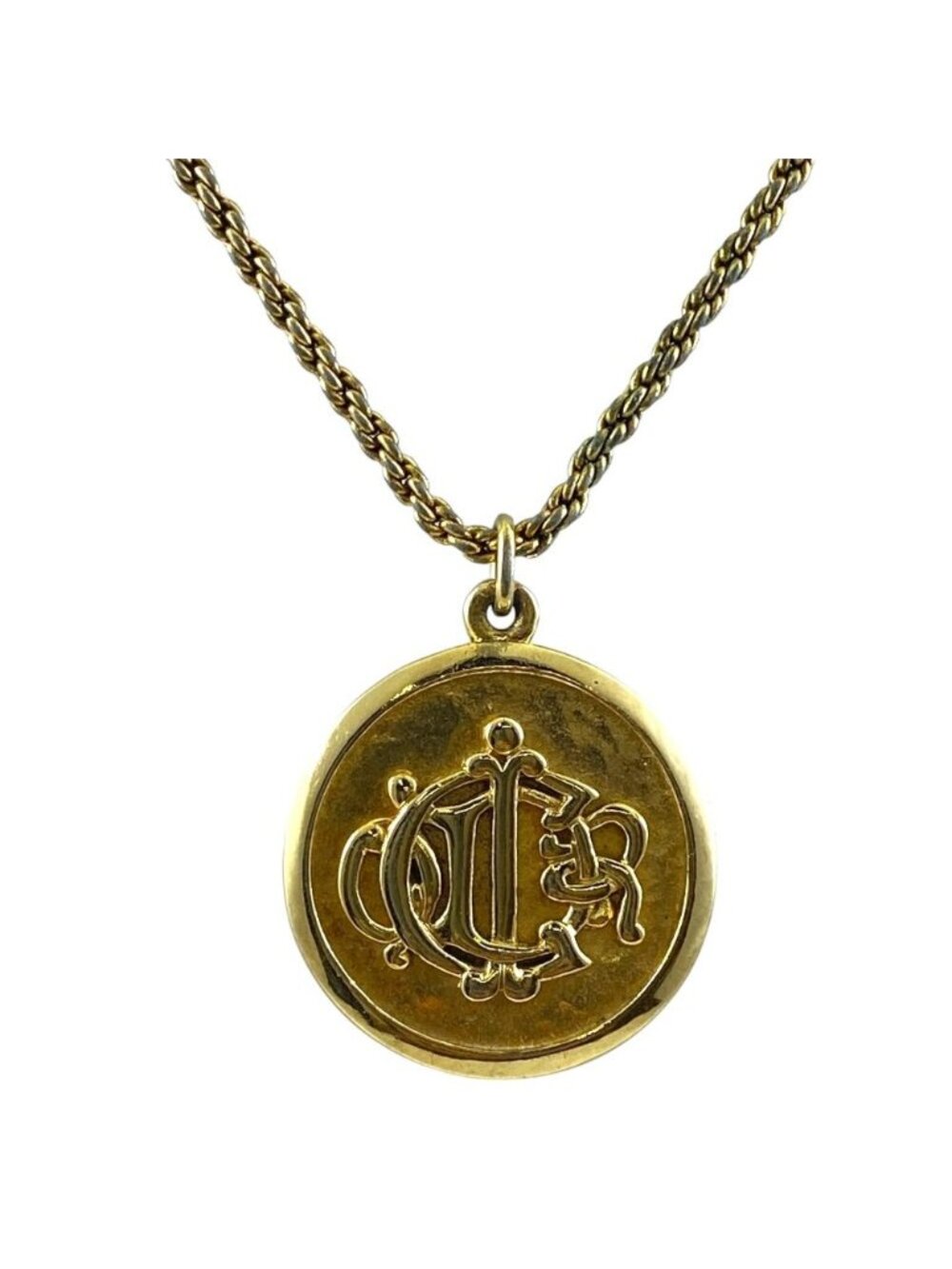 Dior Vintage Logo Pendant Coin Gold Plated Necklace